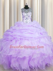 Beautiful Scoop See Through Lavender Sleeveless Organza Lace Up Quince Ball Gowns for Military Ball and Sweet 16 and Quinceanera