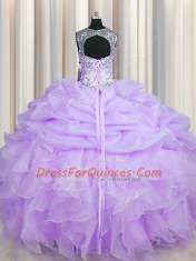 Beautiful Scoop See Through Lavender Sleeveless Organza Lace Up Quince Ball Gowns for Military Ball and Sweet 16 and Quinceanera