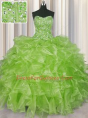 Visible Boning Strapless Sleeveless Lace Up Sweet 16 Dress Yellow Green Organza
