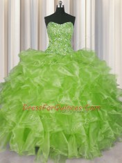 Visible Boning Strapless Sleeveless Lace Up Sweet 16 Dress Yellow Green Organza