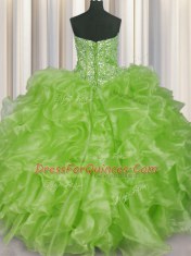 Visible Boning Strapless Sleeveless Lace Up Sweet 16 Dress Yellow Green Organza