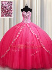 Superior Hot Pink Lace Up Sweet 16 Dresses Beading Sleeveless Brush Train