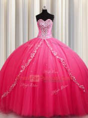 Superior Hot Pink Lace Up Sweet 16 Dresses Beading Sleeveless Brush Train
