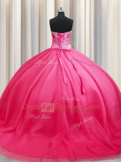 Superior Hot Pink Lace Up Sweet 16 Dresses Beading Sleeveless Brush Train