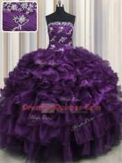 Fine Ruffled Layers Purple Sleeveless Organza Lace Up 15th Birthday Dress for Military Ball and Sweet 16 and Quinceanera