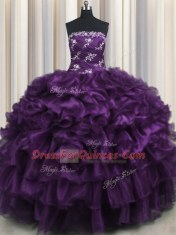 Fine Ruffled Layers Purple Sleeveless Organza Lace Up 15th Birthday Dress for Military Ball and Sweet 16 and Quinceanera