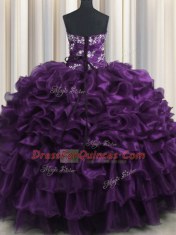 Fine Ruffled Layers Purple Sleeveless Organza Lace Up 15th Birthday Dress for Military Ball and Sweet 16 and Quinceanera