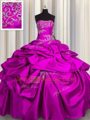 Ideal Sleeveless Floor Length Appliques and Pick Ups Lace Up Ball Gown Prom Dress with Fuchsia
