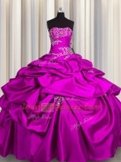 Ideal Sleeveless Floor Length Appliques and Pick Ups Lace Up Ball Gown Prom Dress with Fuchsia