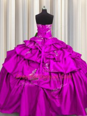 Ideal Sleeveless Floor Length Appliques and Pick Ups Lace Up Ball Gown Prom Dress with Fuchsia