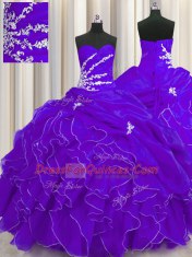 Floor Length Purple Ball Gown Prom Dress Organza Sleeveless Beading and Appliques and Ruffles