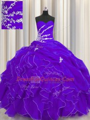 Floor Length Purple Ball Gown Prom Dress Organza Sleeveless Beading and Appliques and Ruffles