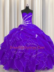 Floor Length Purple Ball Gown Prom Dress Organza Sleeveless Beading and Appliques and Ruffles