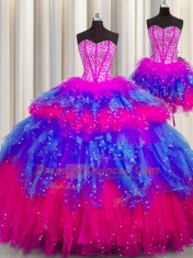Three Piece Visible Boning Floor Length Multi-color Sweet 16 Dresses Sweetheart Sleeveless Lace Up