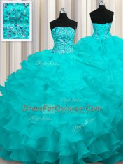 Aqua Blue Organza Lace Up 15th Birthday Dress Sleeveless With Train Sweep Train Beading and Ruffles