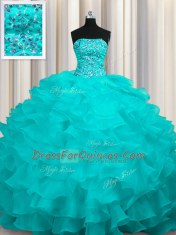 Aqua Blue Organza Lace Up 15th Birthday Dress Sleeveless With Train Sweep Train Beading and Ruffles