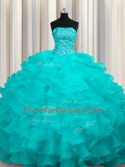 Aqua Blue Organza Lace Up 15th Birthday Dress Sleeveless With Train Sweep Train Beading and Ruffles