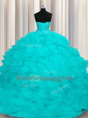 Aqua Blue Organza Lace Up 15th Birthday Dress Sleeveless With Train Sweep Train Beading and Ruffles