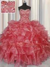 Sophisticated Visible Boning Sleeveless Floor Length Beading and Ruffles Lace Up Sweet 16 Quinceanera Dress with Coral Red