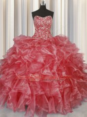 Sophisticated Visible Boning Sleeveless Floor Length Beading and Ruffles Lace Up Sweet 16 Quinceanera Dress with Coral Red