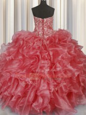 Sophisticated Visible Boning Sleeveless Floor Length Beading and Ruffles Lace Up Sweet 16 Quinceanera Dress with Coral Red