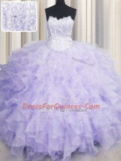 Low Price Scalloped Sleeveless Floor Length Beading and Ruffles Lace Up Sweet 16 Dresses with Lavender
