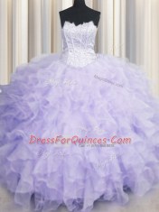 Low Price Scalloped Sleeveless Floor Length Beading and Ruffles Lace Up Sweet 16 Dresses with Lavender
