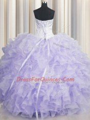 Low Price Scalloped Sleeveless Floor Length Beading and Ruffles Lace Up Sweet 16 Dresses with Lavender