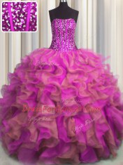 Elegant Visible Boning Beaded Bodice Sleeveless Beading and Ruffles Lace Up Sweet 16 Quinceanera Dress