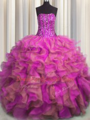 Elegant Visible Boning Beaded Bodice Sleeveless Beading and Ruffles Lace Up Sweet 16 Quinceanera Dress