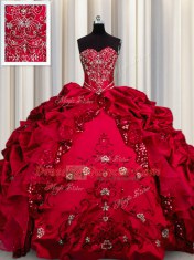 On Sale Embroidery Sequins Red Sleeveless Beading and Appliques and Ruffles Floor Length 15 Quinceanera Dress