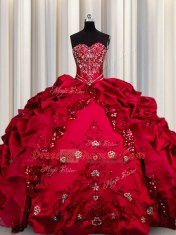 On Sale Embroidery Sequins Red Sleeveless Beading and Appliques and Ruffles Floor Length 15 Quinceanera Dress