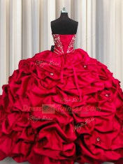 On Sale Embroidery Sequins Red Sleeveless Beading and Appliques and Ruffles Floor Length 15 Quinceanera Dress