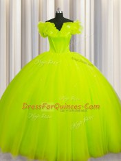Noble Off The Shoulder Short Sleeves With Train Ruching Lace Up 15th Birthday Dress with Yellow Green Court Train