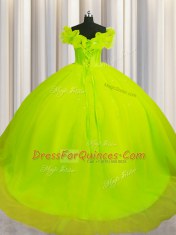 Noble Off The Shoulder Short Sleeves With Train Ruching Lace Up 15th Birthday Dress with Yellow Green Court Train