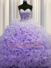Dynamic Brush Train Lavender Ball Gowns Beading and Pick Ups Quinceanera Dress Lace Up Fabric With Rolling Flowers Sleeveless