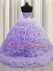 Dynamic Brush Train Lavender Ball Gowns Beading and Pick Ups Quinceanera Dress Lace Up Fabric With Rolling Flowers Sleeveless