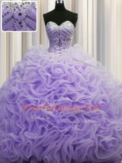 Dynamic Brush Train Lavender Ball Gowns Beading and Pick Ups Quinceanera Dress Lace Up Fabric With Rolling Flowers Sleeveless
