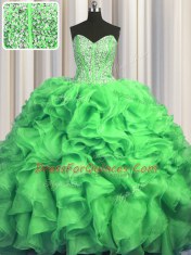 Visible Boning Bling-bling Sweetheart Sleeveless Vestidos de Quinceanera With Train Sweep Train Beading and Ruffles Organza