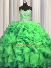 Visible Boning Bling-bling Sweetheart Sleeveless Vestidos de Quinceanera With Train Sweep Train Beading and Ruffles Organza