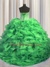 Visible Boning Bling-bling Sweetheart Sleeveless Vestidos de Quinceanera With Train Sweep Train Beading and Ruffles Organza