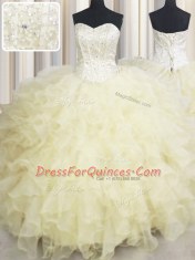 Sweetheart Sleeveless Lace Up Quinceanera Dresses Light Yellow Organza