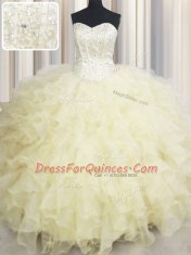 Sweetheart Sleeveless Lace Up Quinceanera Dresses Light Yellow Organza
