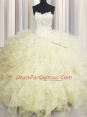 Sweetheart Sleeveless Lace Up Quinceanera Dresses Light Yellow Organza