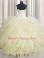Sweetheart Sleeveless Lace Up Quinceanera Dresses Light Yellow Organza