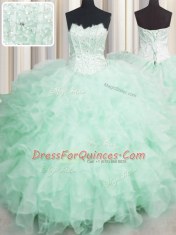 Visible Boning Apple Green Scalloped Lace Up Beading and Ruffles Ball Gown Prom Dress Sleeveless