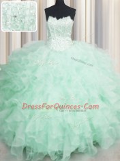 Visible Boning Apple Green Scalloped Lace Up Beading and Ruffles Ball Gown Prom Dress Sleeveless