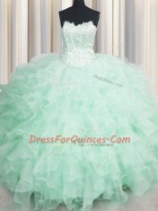 Visible Boning Apple Green Scalloped Lace Up Beading and Ruffles Ball Gown Prom Dress Sleeveless