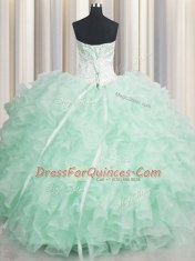 Visible Boning Apple Green Scalloped Lace Up Beading and Ruffles Ball Gown Prom Dress Sleeveless