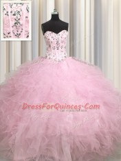 Visible Boning Floor Length Ball Gowns Sleeveless Baby Pink Sweet 16 Dress Lace Up